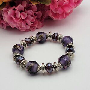 Purple Millefiori Glass Beaded Stretch Bracelet 6.5" Silver Tone Sizable